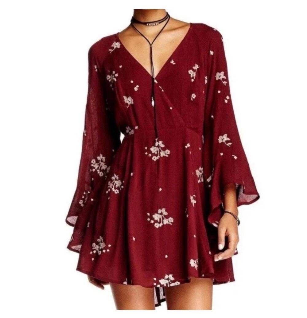 Free People Jasmine Embroidered Floral Kimono Boho Mini Dress Burgundy Size 4